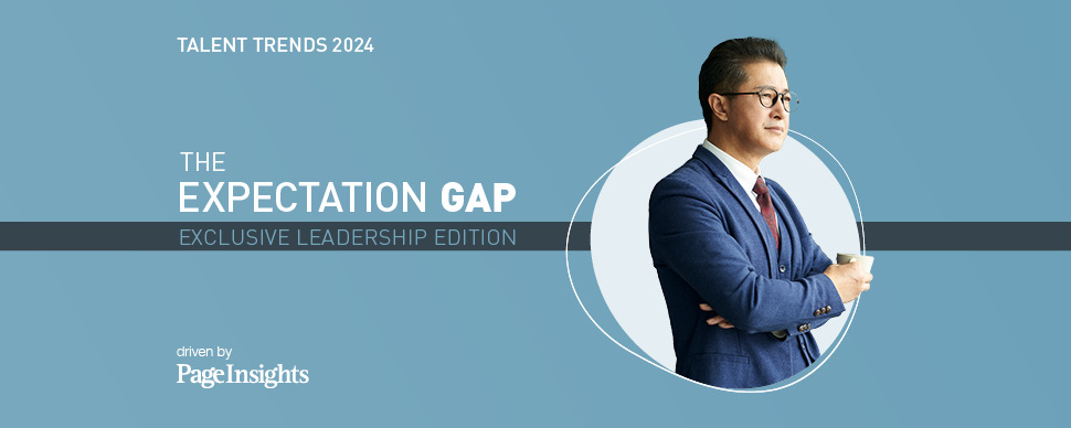  On the right you see a man with crossed arms and on the left the title "Talent trends 2024: the expectation gap exclusive leadership edition"