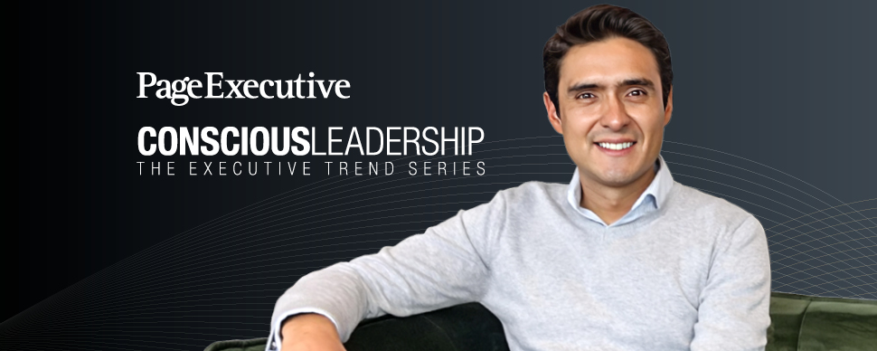 Banner for 'Conscious Leadership: The Executive Trend Series' by PageExecutive, featuring a smiling man in a light sweater.