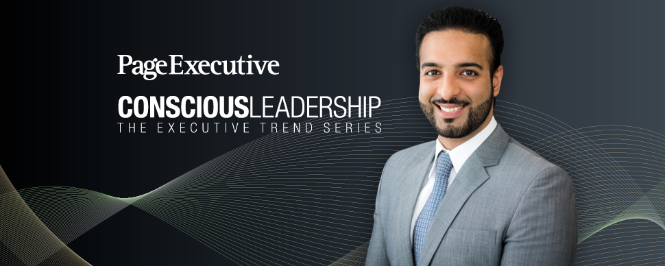 Banner for 'Conscious Leadership: The Executive Trend Series' by PageExecutive, featuring a smiling man in a gray suit.