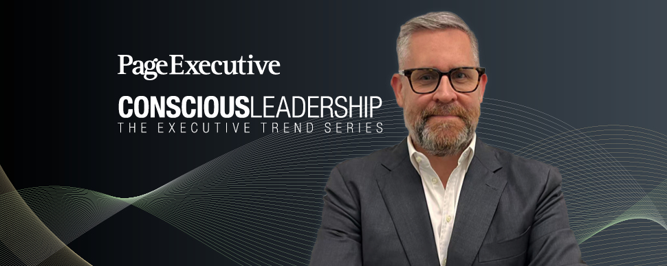 Man in a suit and glasses with 'Page Executive Conscious Leadership: The Executive Trend Series' text in the background.