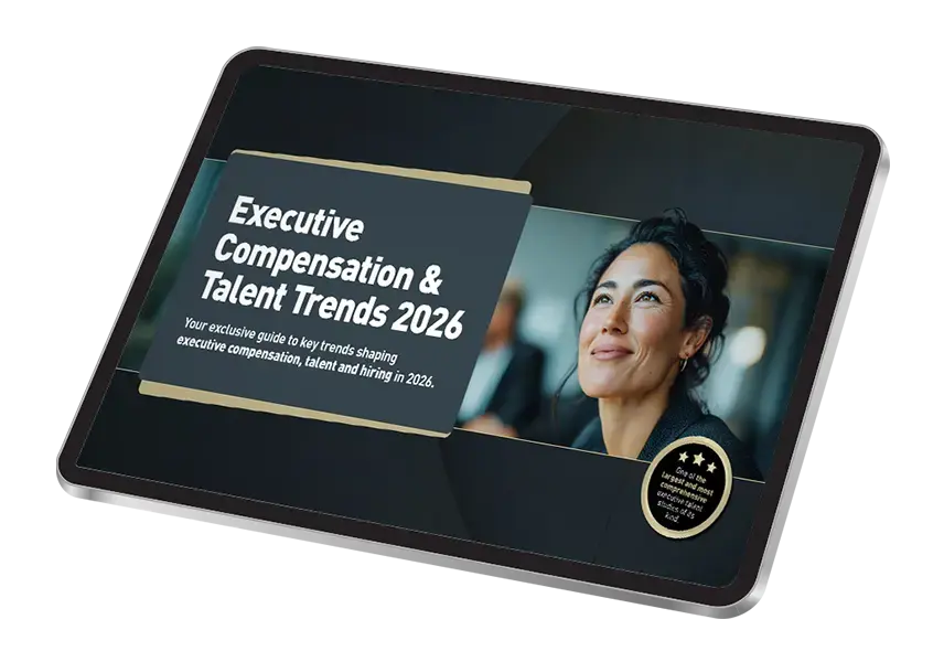 tablet showing the cover of Executive compensation insights + Talent trend report
