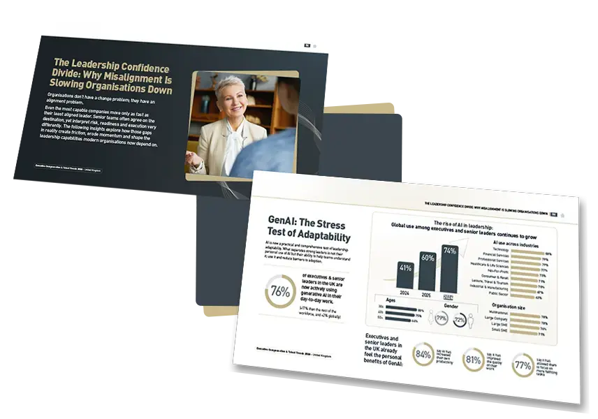 Pages from leadership and workforce reports showing articles, charts, and insights on executive trends.