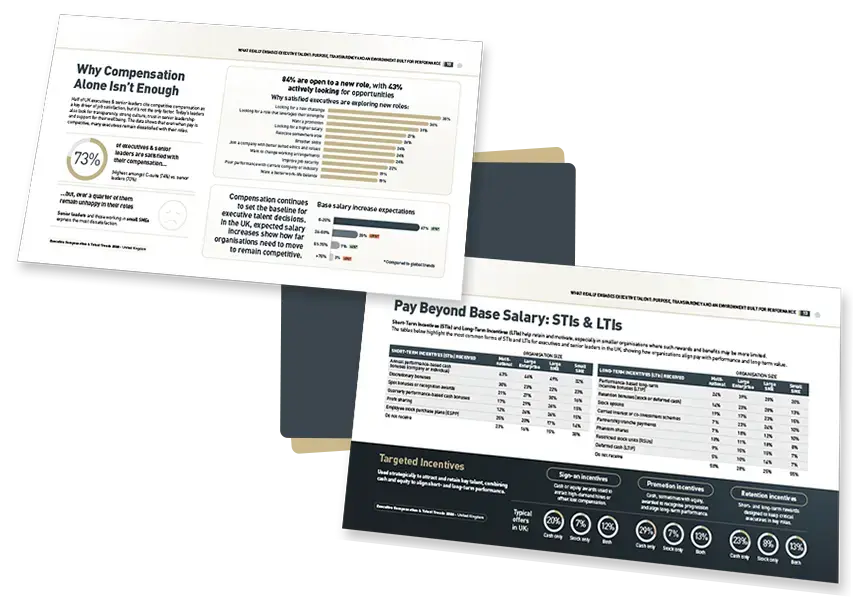 Report pages displaying executive compensation insights, charts, and data tables.