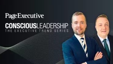 Two people in suits with 'Conscious Leadership' text overlay.
