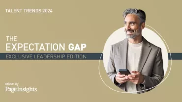 Man with gray hair holding a phone, smiling, alongside text 'The Expectation Gap: Exclusive Leadership Edition'.
