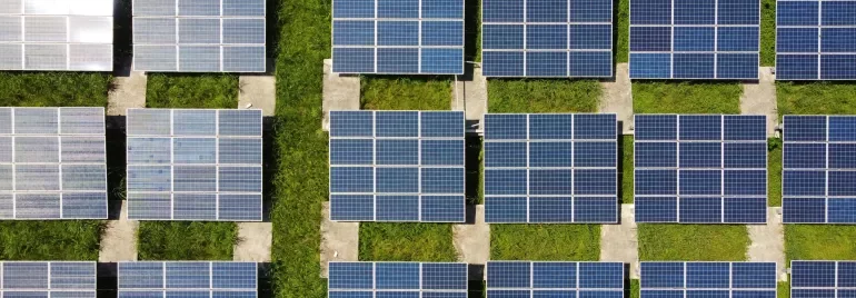 Aerial view of a solar panel field with grass between rows.