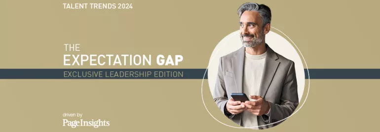  man with his phone in his hand looking to the side next to the title "The expectation gap, exclusive leadership edition"