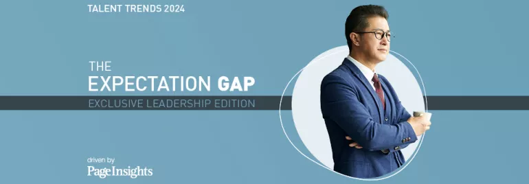  On the right you see a man with crossed arms and on the left the title "Talent trends 2024: the expectation gap exclusive leadership edition"